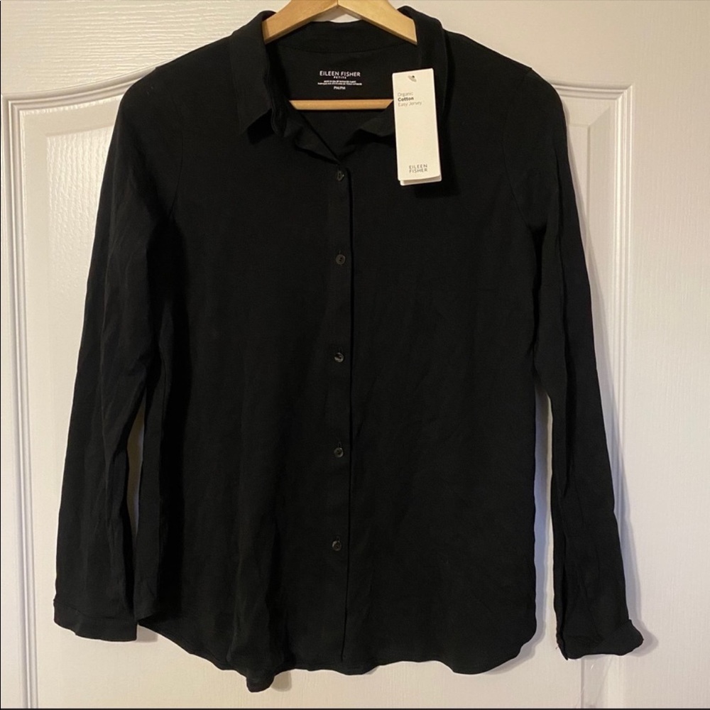 Eileen Fisher Black Jersey Classic Collar Shirt PM